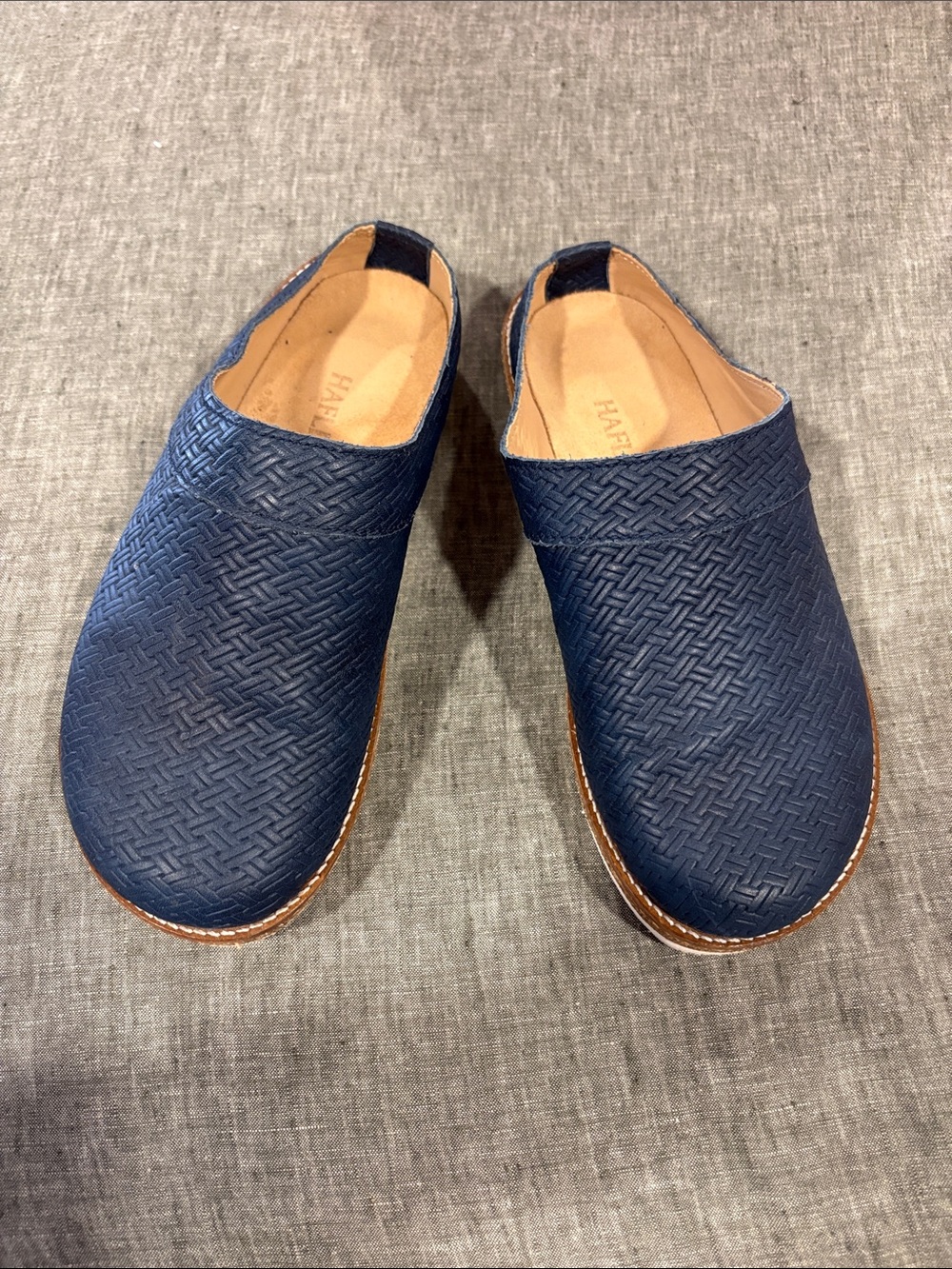 Haflinger Neo Leather Braided Slip-On Clog Mules Navy EU 39